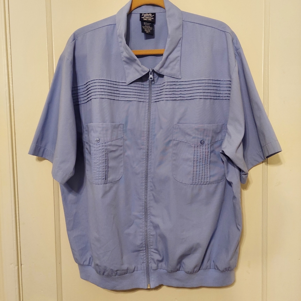 John Blair Short-Sleeve Full-Zip Shirt Light Blue size XLarge Regular